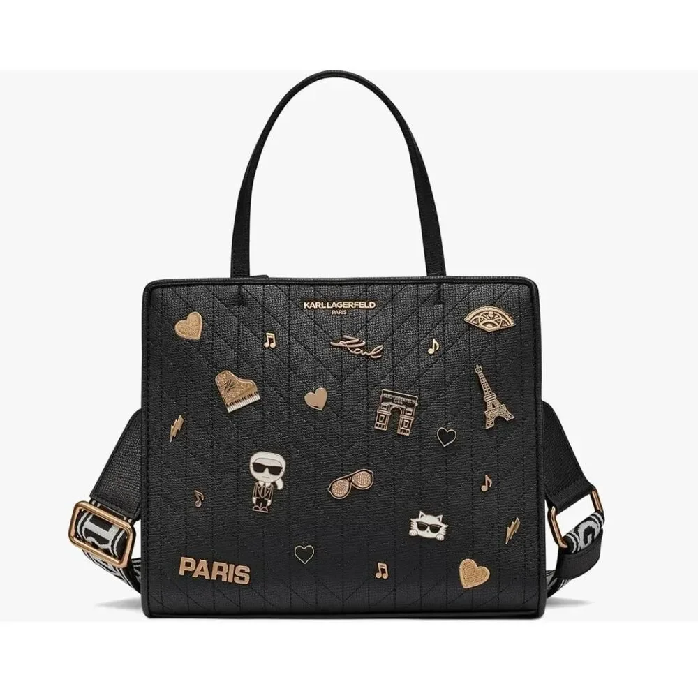 NWT~KARL LAGERFELD Women's Black/Gold Maybelle Pins Satchel Handbag Purse